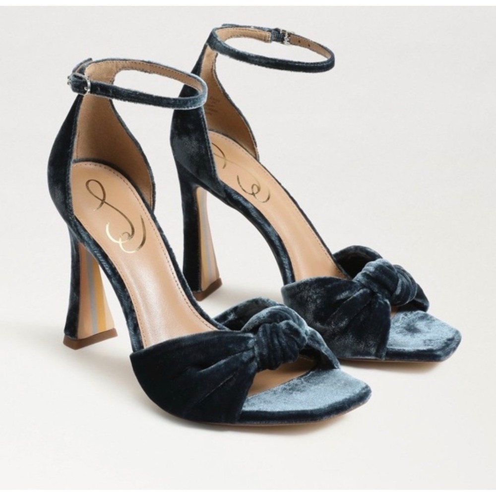 Sam Edelman Lucia Navy Blue Velvet Knotted Square Toe Ankle Strap Heels 10M